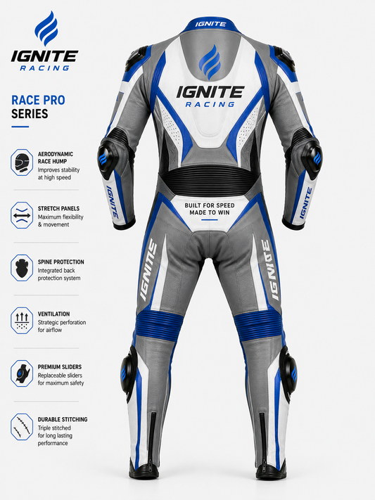 Ignite Racing CE Level 2 One-Piece Leather Motorcycle Racing Suit — Race Pro Blue
