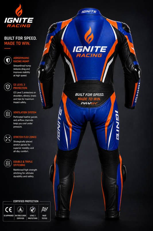 Ignite Racing CE Level 2 One-Piece Leather Motorcycle Racing Suit — Blue/Orange