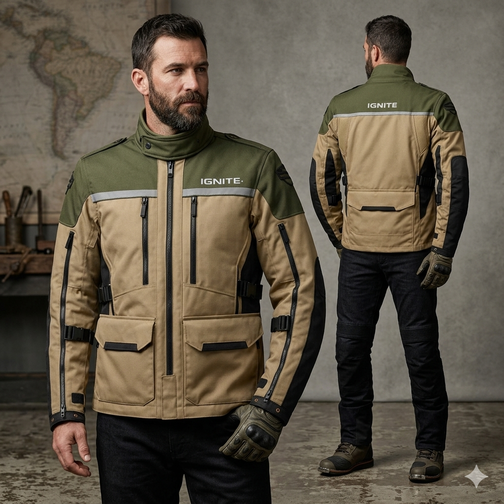 Ignite Storm Olive/Tan CE Armoured Waterproof Motorcycle Jacket