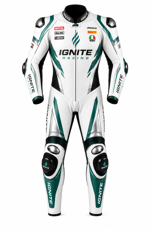 Ignite Racing CE Level 2 One-Piece Leather Motorcycle Racing Suit — White/Green