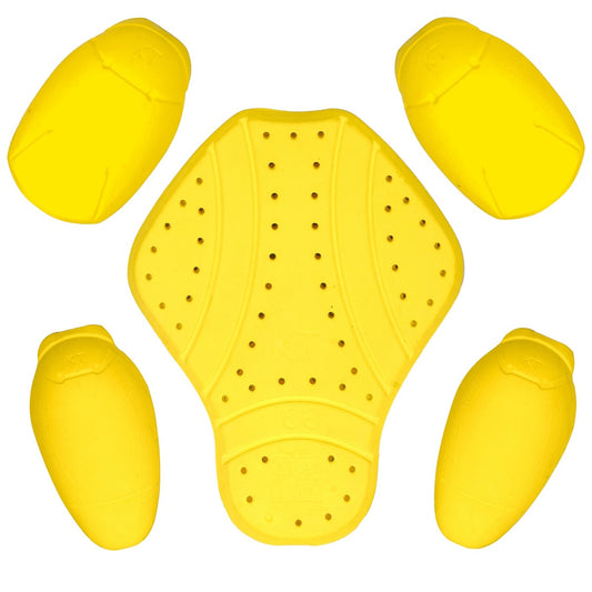 Yellow motorcycle seat cover with four protective pads on a white background