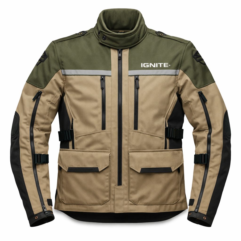 Ignite Storm Olive/Tan CE Armoured Waterproof Motorcycle Jacket