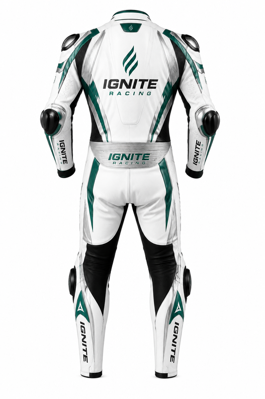 Ignite Racing CE Level 2 One-Piece Leather Motorcycle Racing Suit — White/Green