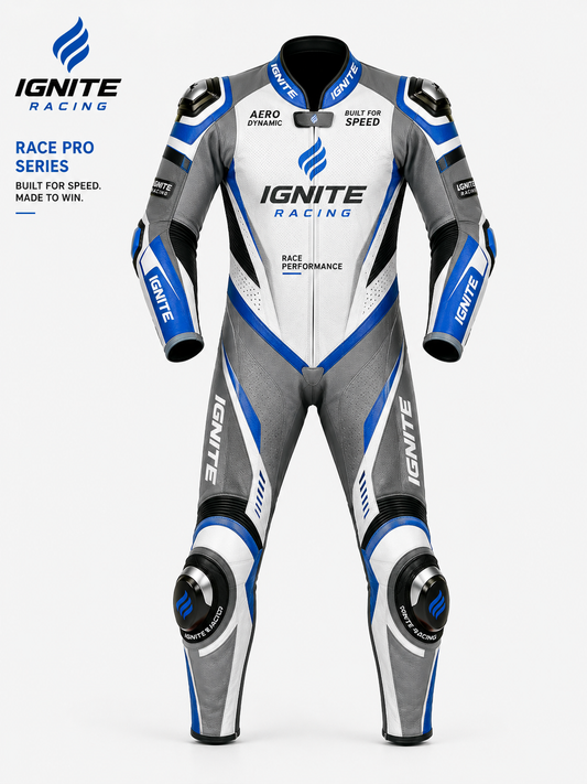 Ignite Racing CE Level 2 One-Piece Leather Motorcycle Racing Suit — Race Pro Blue