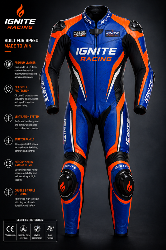 Ignite Racing CE Level 2 One-Piece Leather Motorcycle Racing Suit — Blue/Orange